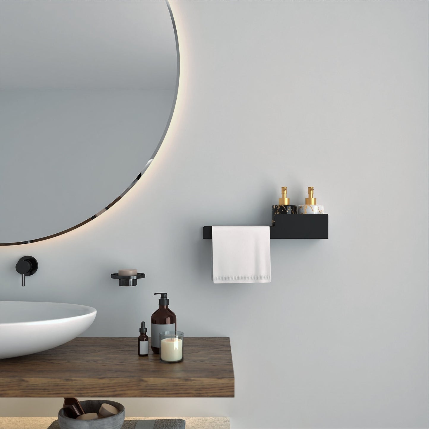 Matte Black Metal wall shelf with towel rack