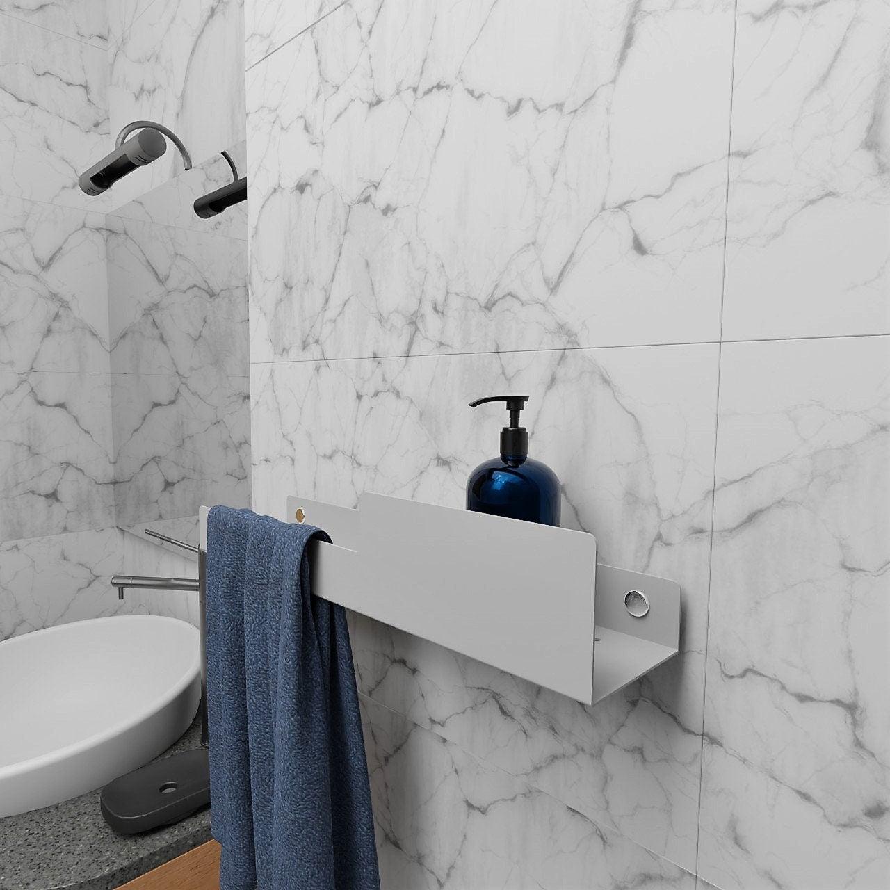 Matte White Metal wall shelf with towel rack