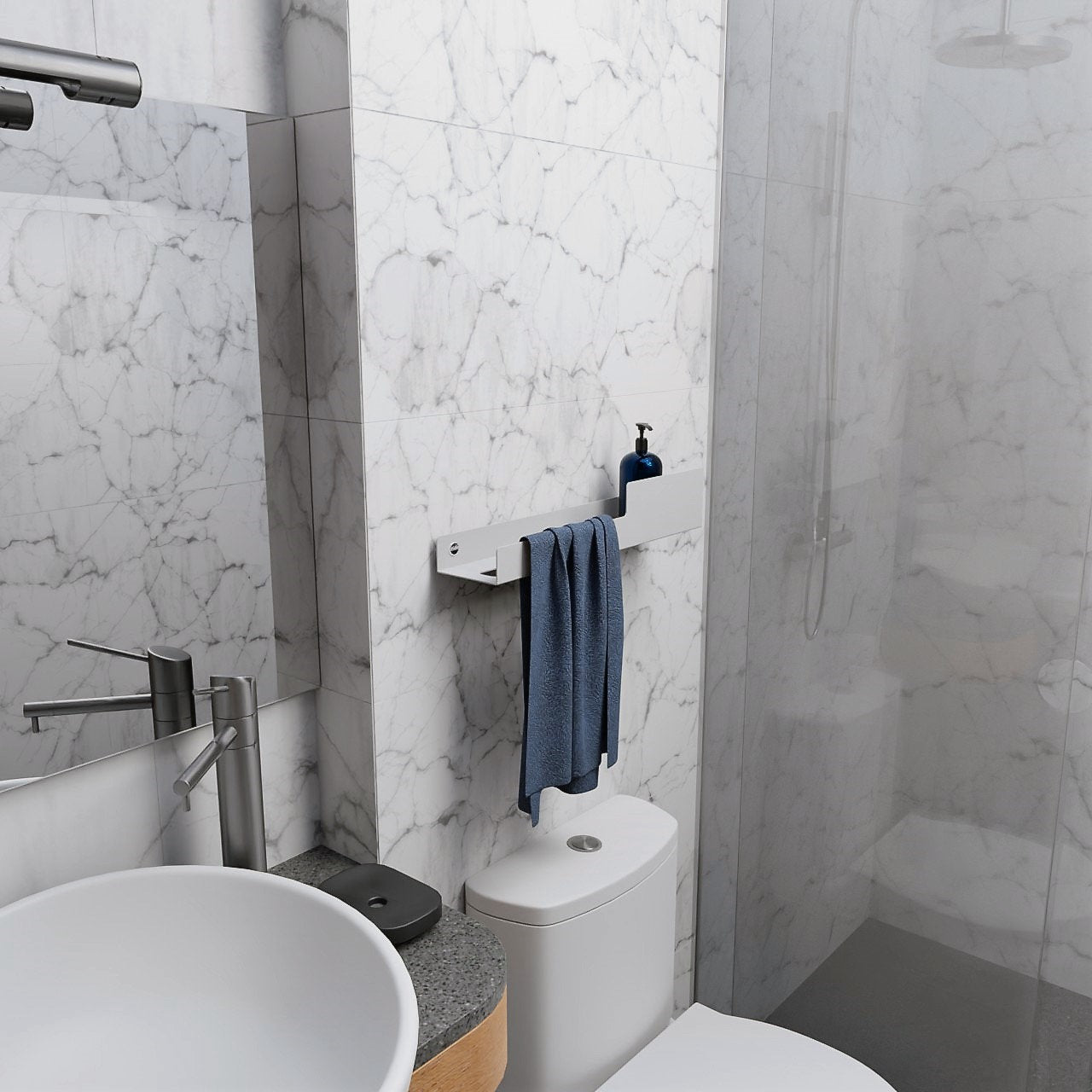 Matte White Metal wall shelf with towel rack