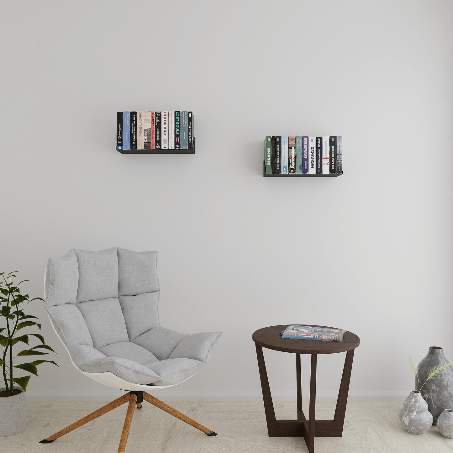 minimalist matte black wall mounted bookshelf
