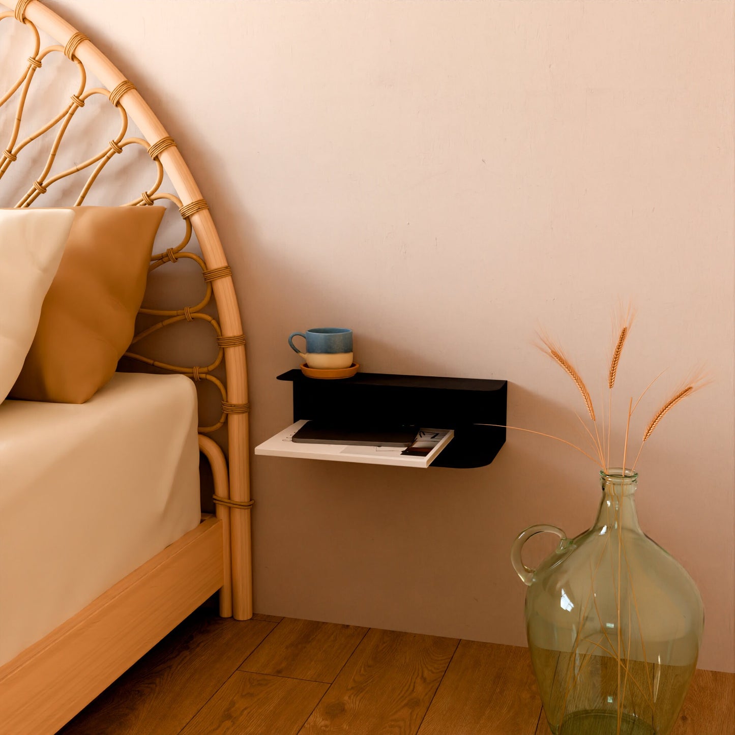 Modern Floating Nightstand, Minimalist Bedside Bookshelf, Metal Dual Dipslay Shelf