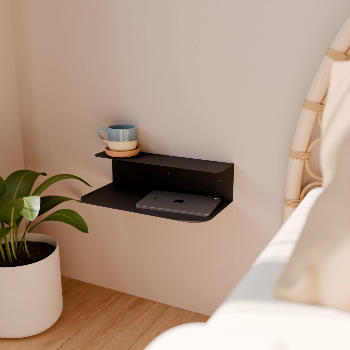 Modern Floating Nightstand, Minimalist Bedside Bookshelf, Metal Dual Dipslay Shelf