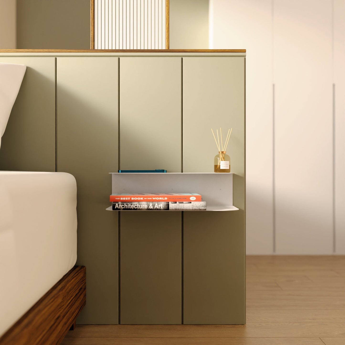 Modern Floating Nightstand, Minimalist Bedside Bookshelf, Metal Dual Dipslay Shelf