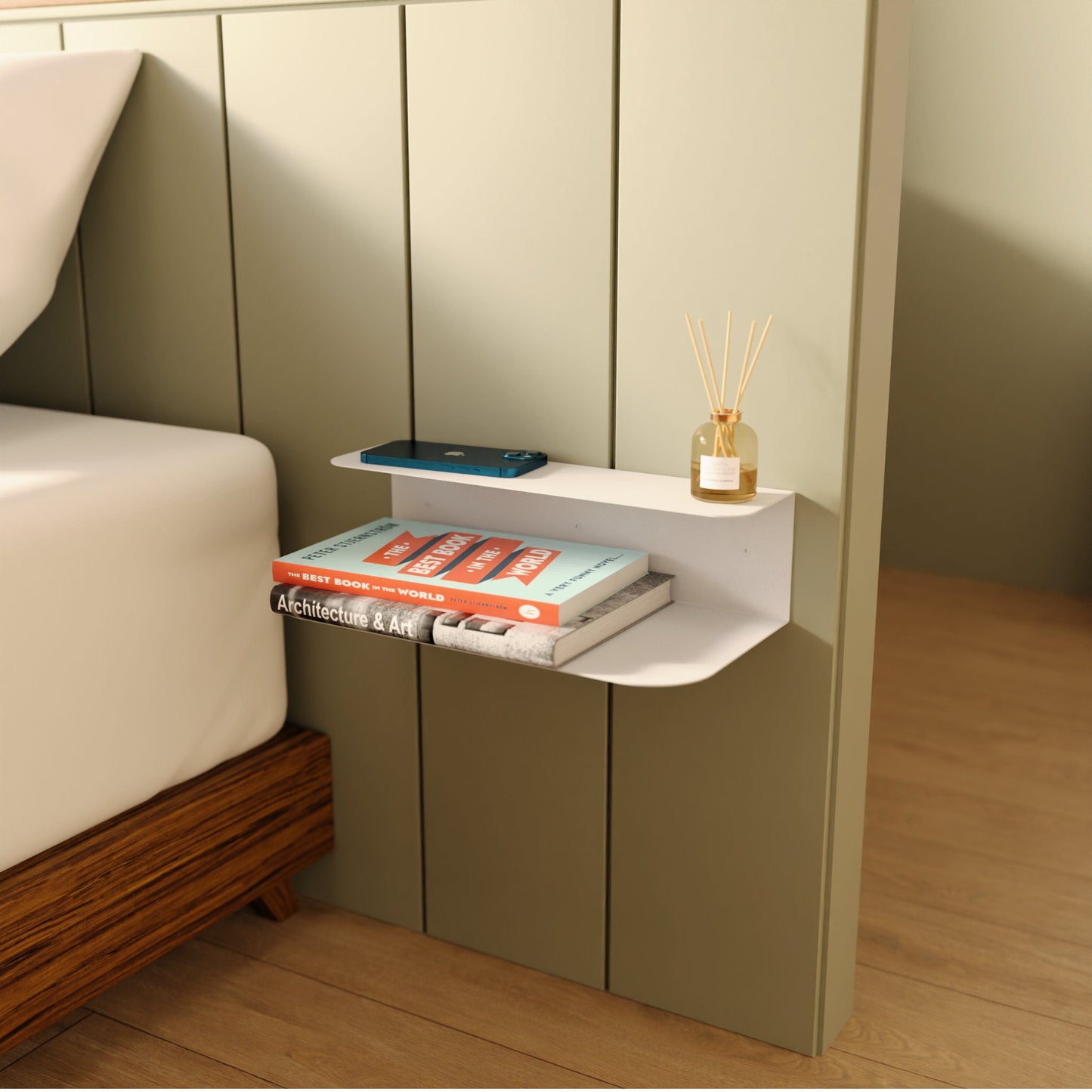 Modern Floating Nightstand, Minimalist Bedside Bookshelf, Metal Dual Dipslay Shelf