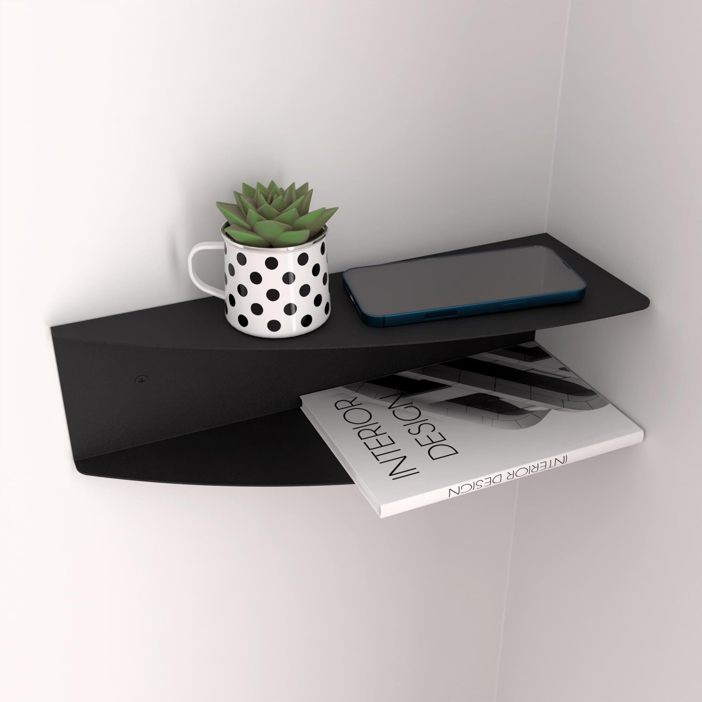 Minimalist Floating Dual Orientation Corner Shelf, Modern Floating Storage Rack, Metal Bedside Nightstand Shelf
