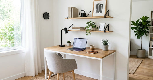 How To Style A Modern Home Office Desk Area With Wall-Mounted Shelves And Metal Accents
