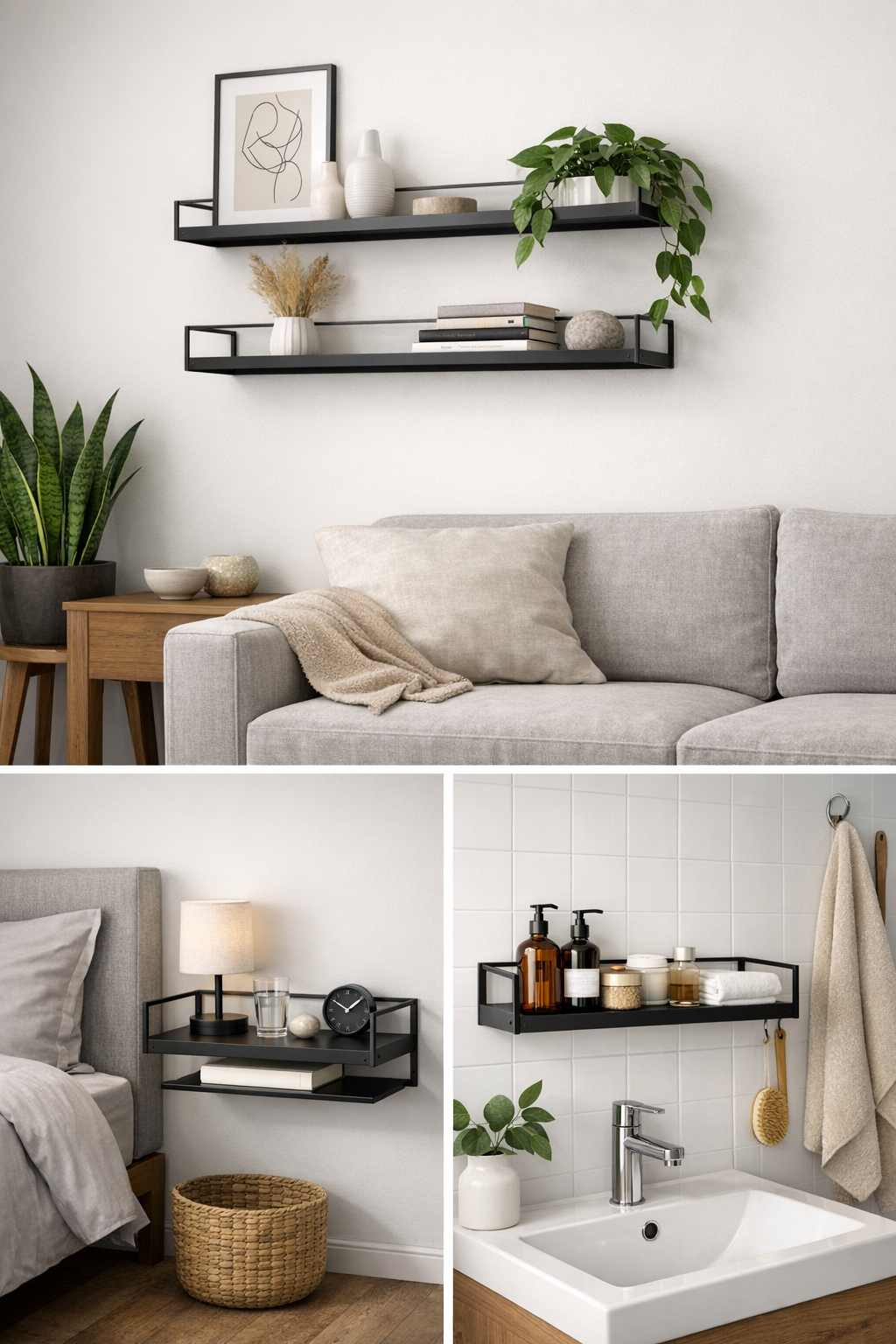 black metal floating shelf in modern living room