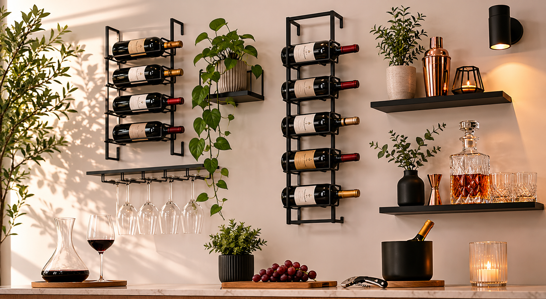 How To Style A Home Bar Wall With Minimalist Metal Wine Racks And Wall-Mounted Accents