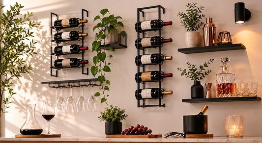 How To Style A Home Bar Wall With Minimalist Metal Wine Racks And Wall-Mounted Accents