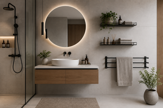 How To Style A Modern Bathroom With Metal Towel Racks And Wall-Mounted Shelves