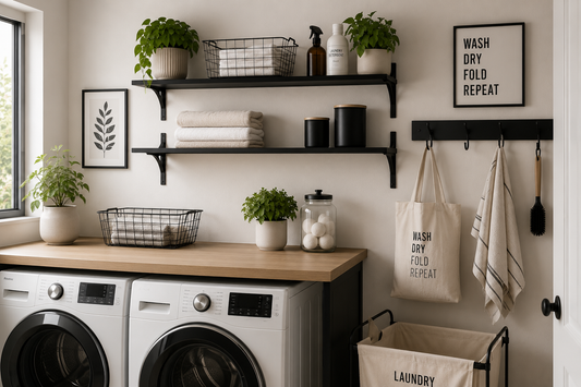 How To Style A Modern Laundry Room With Wall-Mounted Hooks And Metal Shelves