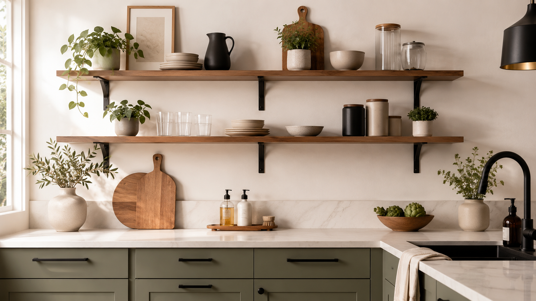 How To Style Open Kitchen Shelving With Matte Black Shelf Brackets And Cabinet Hardware