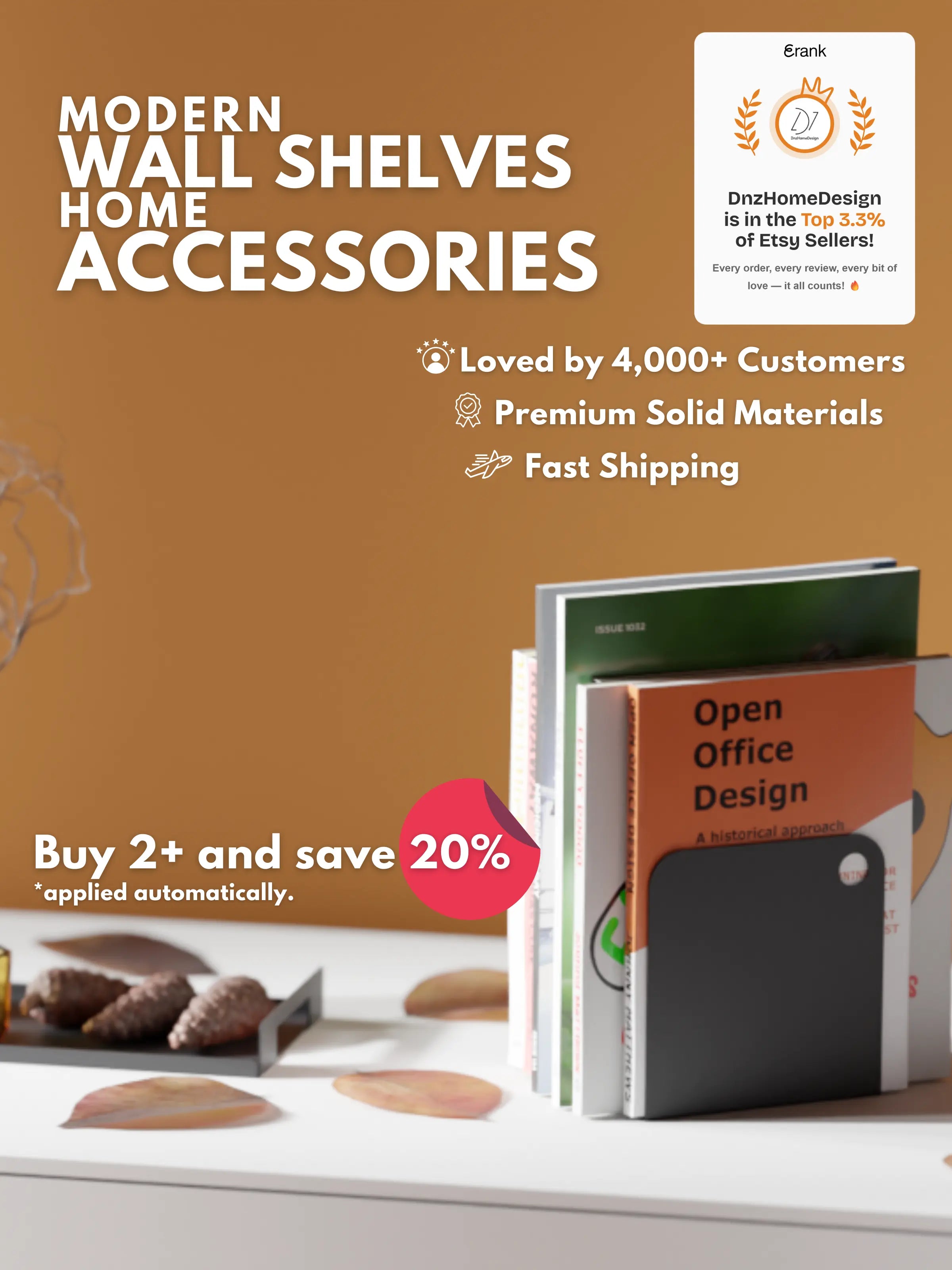 Advertisement for modern wall shelves with books on a shelf against a brown background.