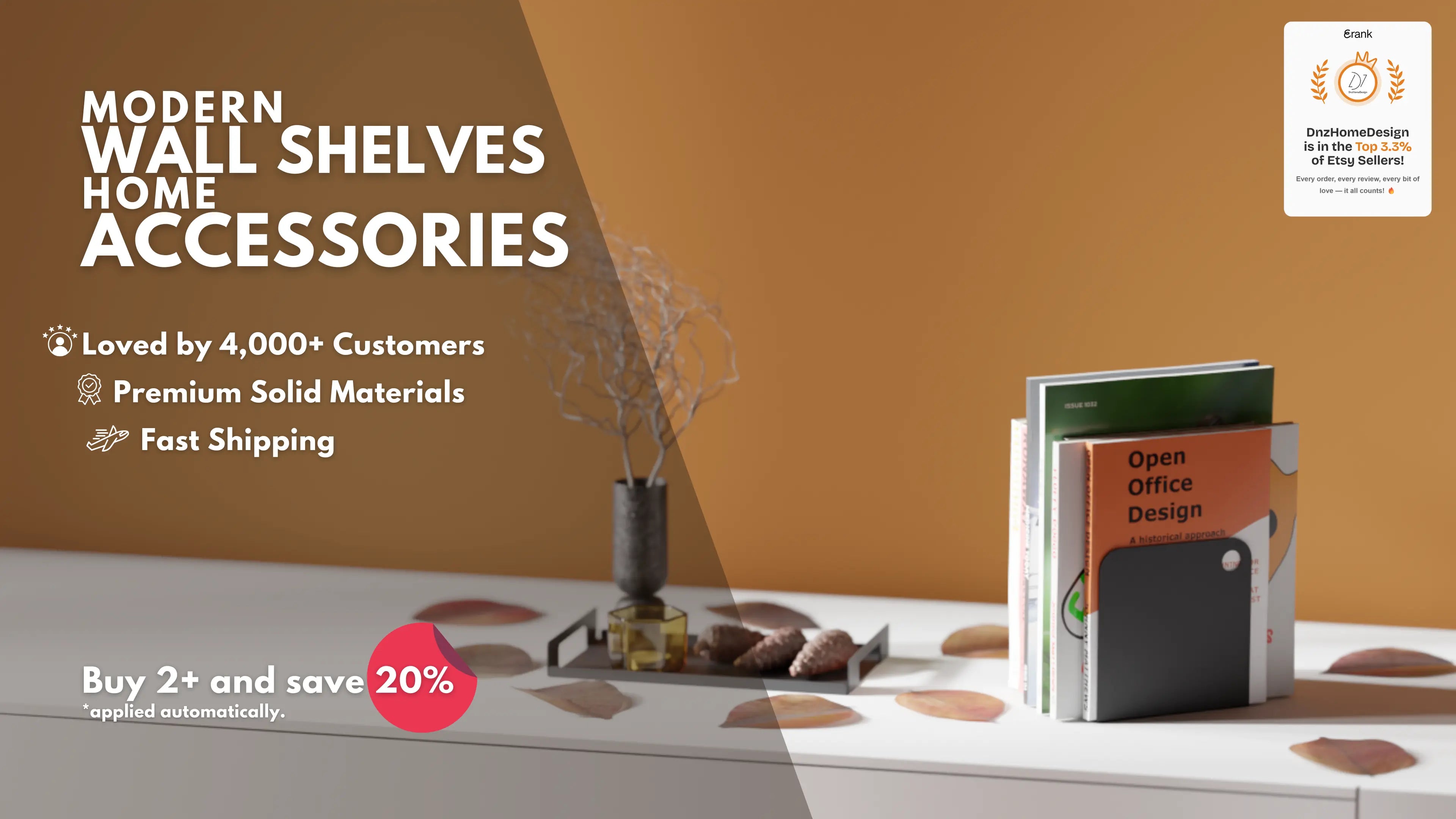 Modern wall shelves with home accessories on a neutral background