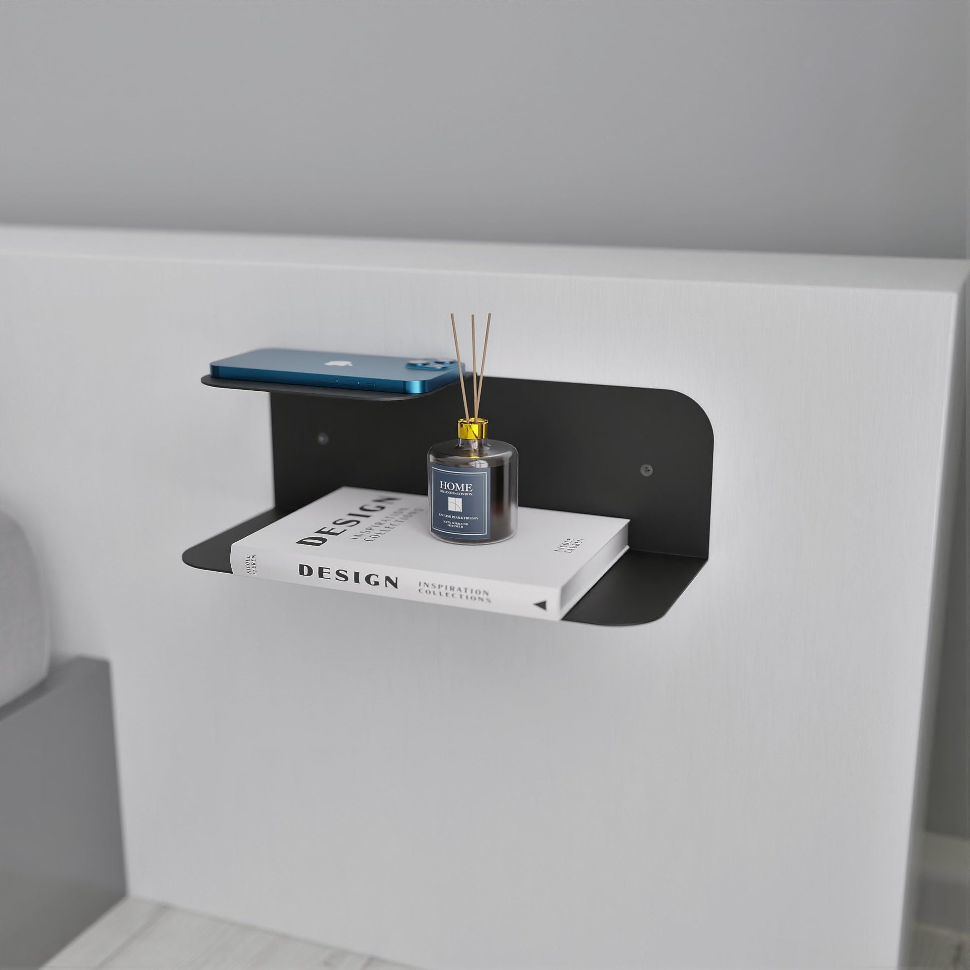 minimalist wall mounted dual floating nightstand shelf